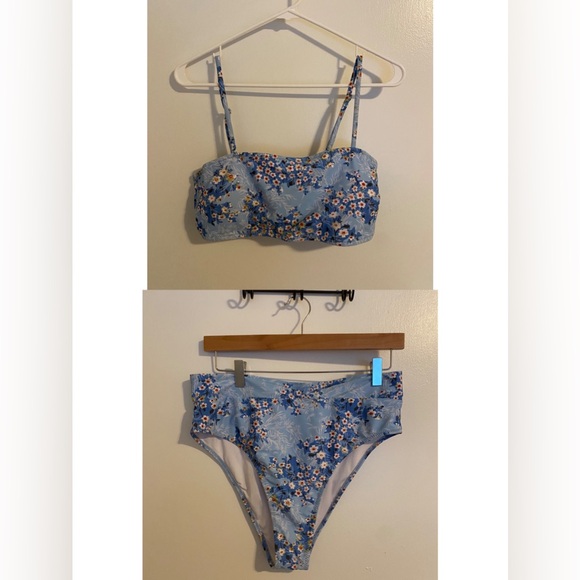 2 PIECE- Light Blue Floral High Waisted Bikini Set - Picture 1 of 5